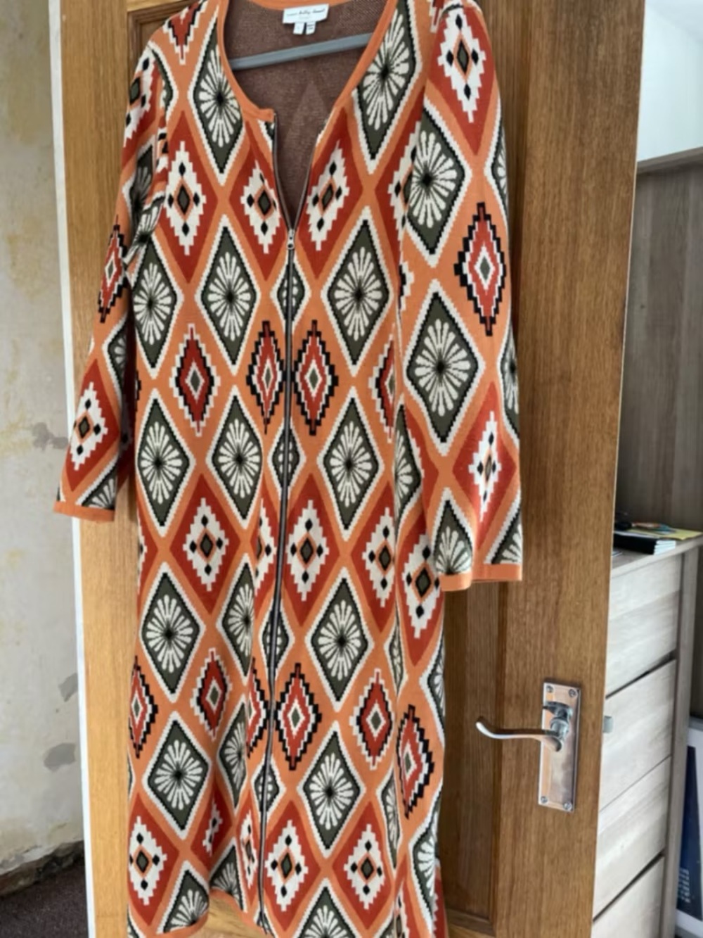 Never Fully Dressed Long Knit Cardigan - Orange Diamond Pattern